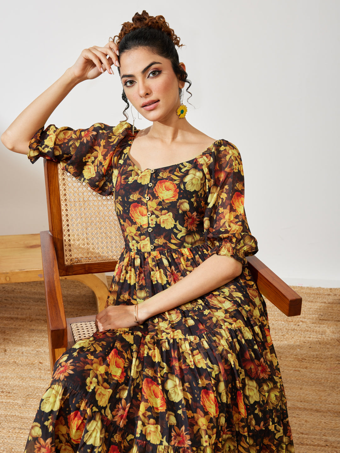 Janasya Women's Black Georgette Floral Printed Tiered Dress