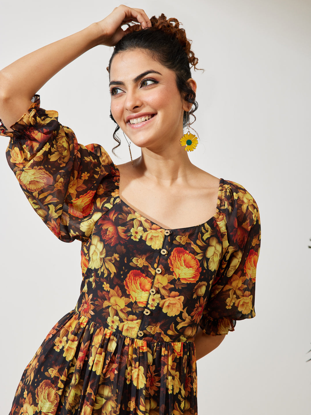 Janasya Women's Black Georgette Floral Printed Tiered Dress