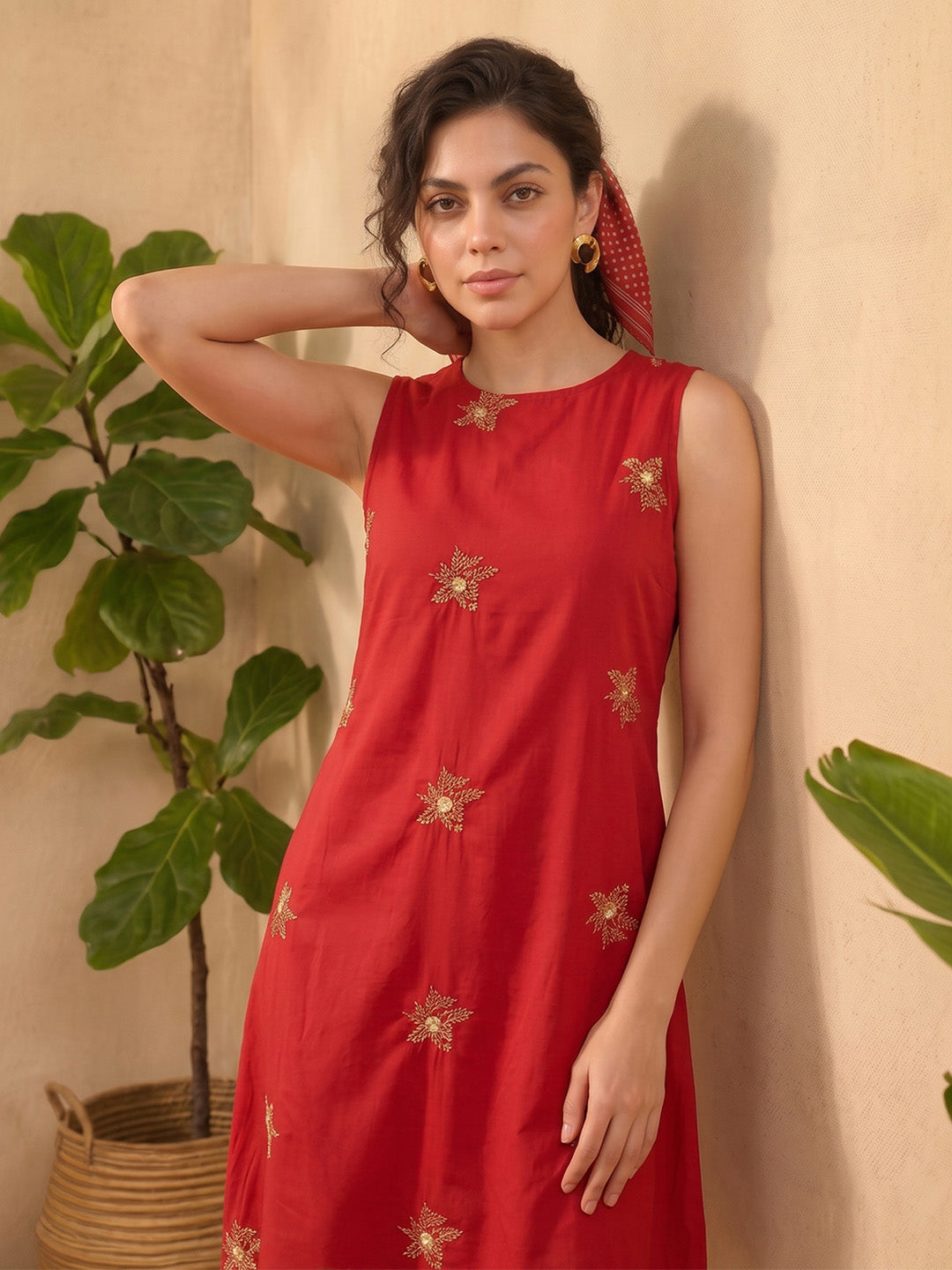 Janasya Women's Red Pure Cotton Embroidered A-Line Dress
