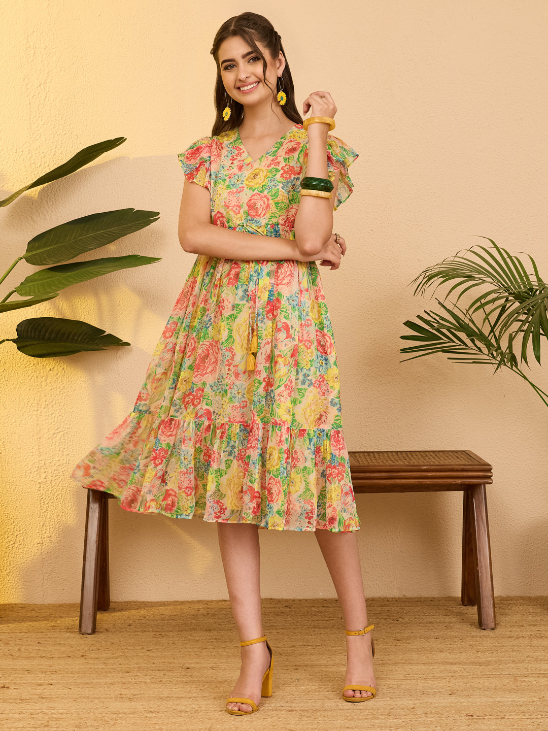 Janasya Women's Multi Color Chiffon Floral Printed Fit & Flare Dress