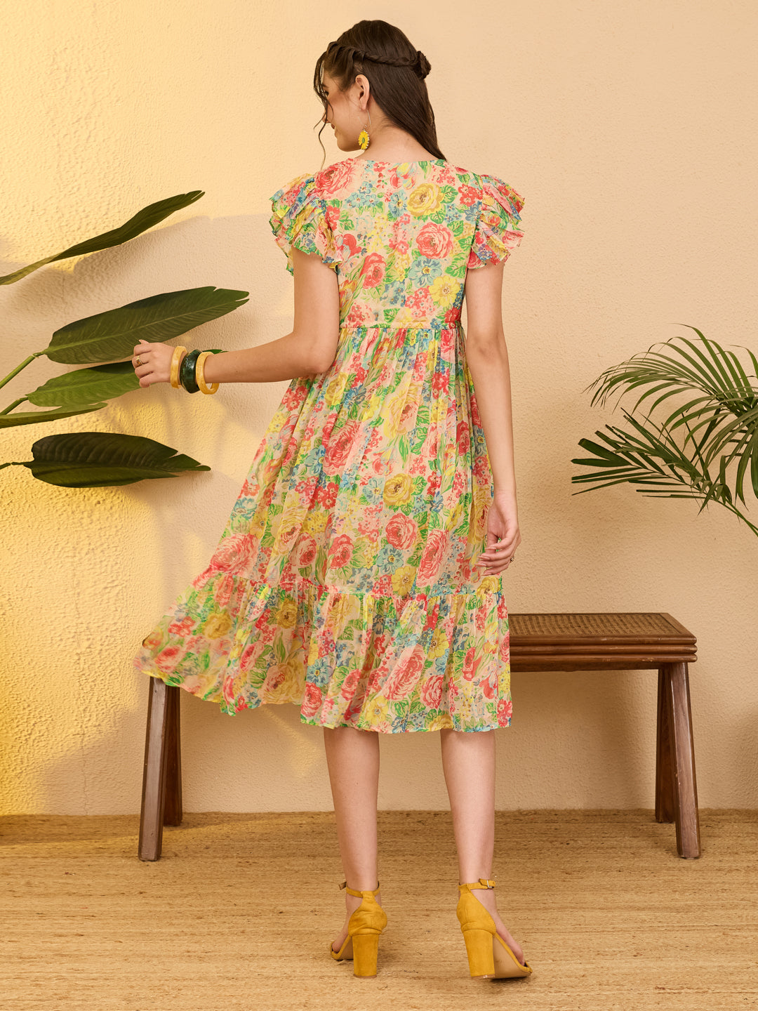 Janasya Women's Multi Color Chiffon Floral Printed Fit & Flare Dress