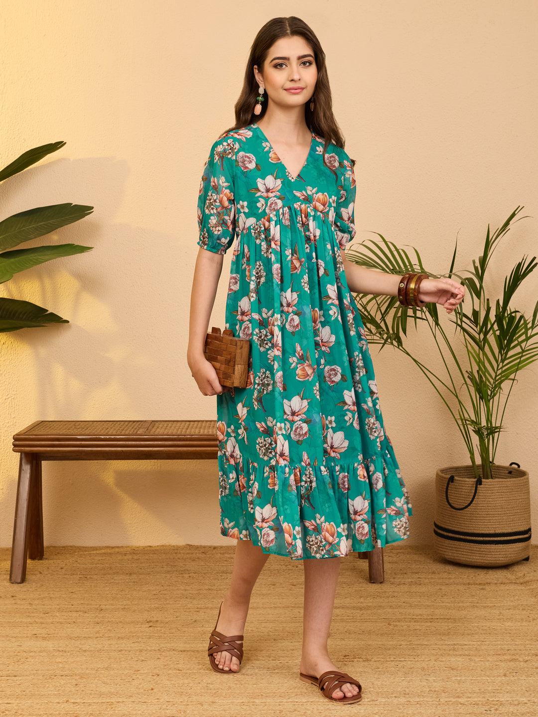 Janasya Women's Sea Green Georgette Floral Printed Gathered Dress