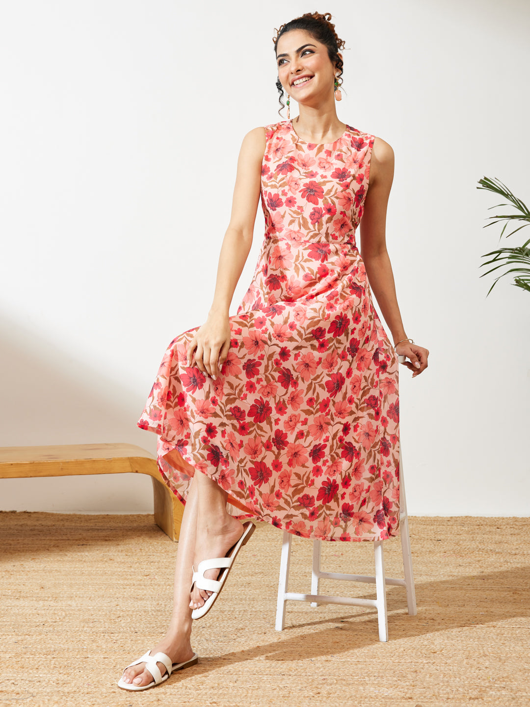 Janasya Women's Peach Georgette Floral Printed Flared Dress