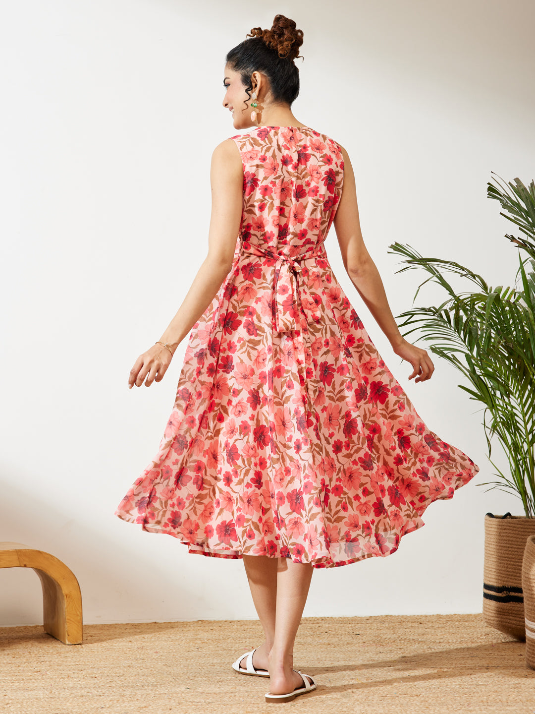 Janasya Women's Peach Georgette Floral Printed Flared Dress