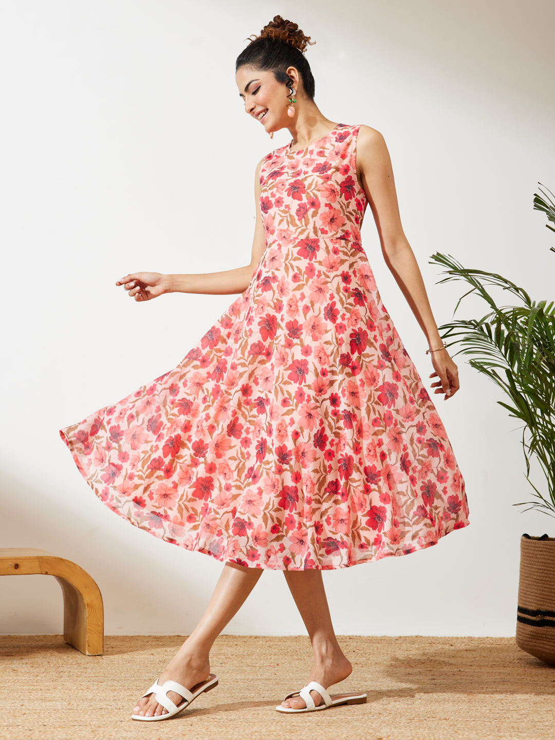 Janasya Women's Peach Georgette Floral Printed Flared Dress