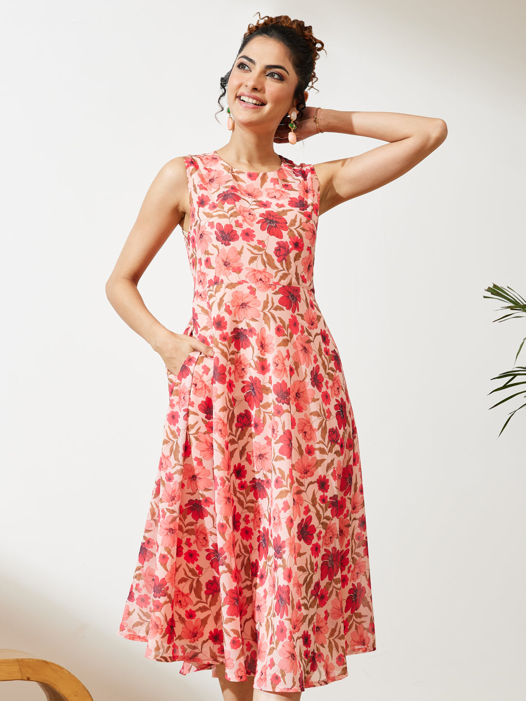 Janasya Women's Peach Georgette Floral Printed Flared Dress