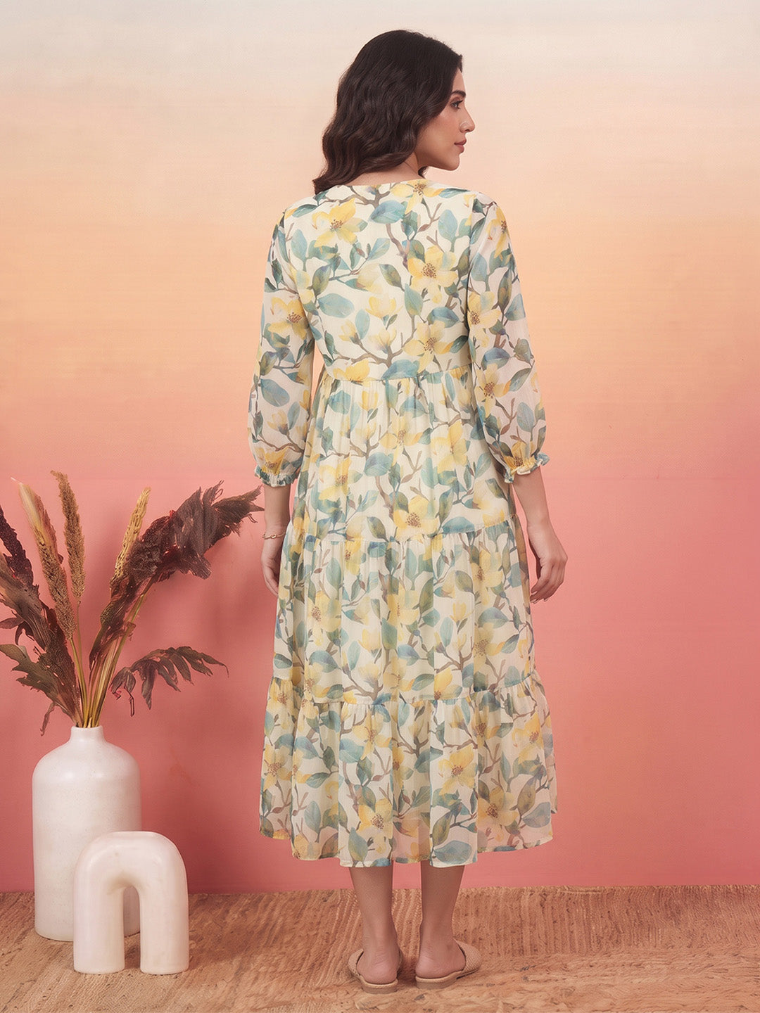 Janasya Women's Yellow Chiffon Floral Printed Tiered Dress