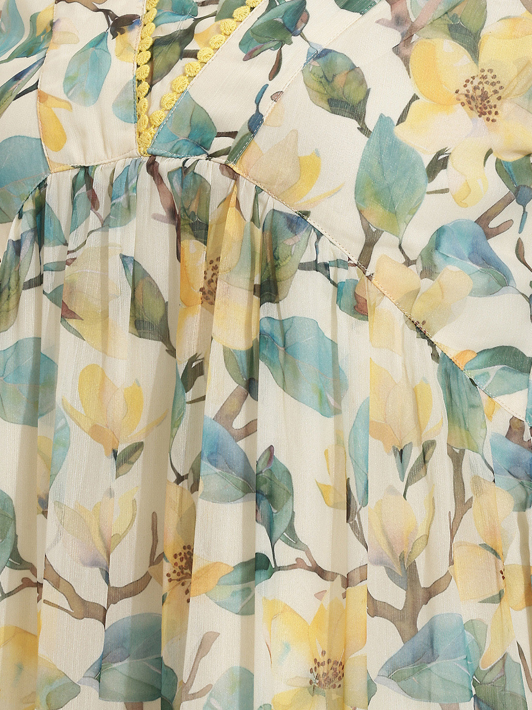 Janasya Women's Yellow Chiffon Floral Printed Tiered Dress