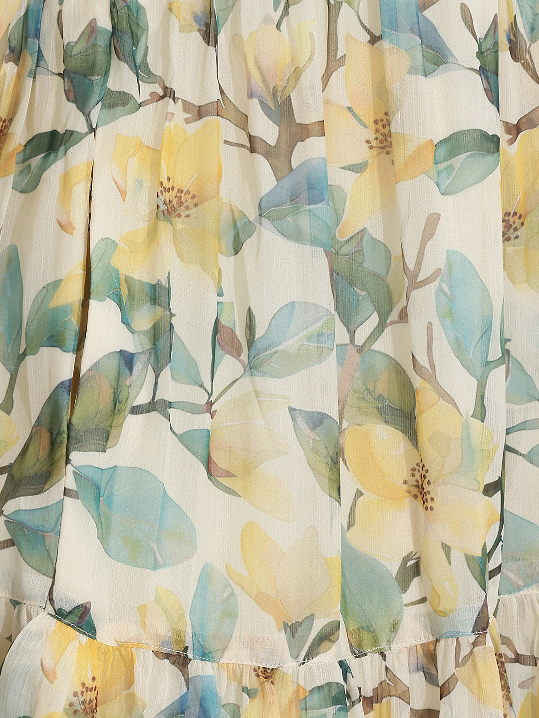 Janasya Women's Yellow Chiffon Floral Printed Tiered Dress