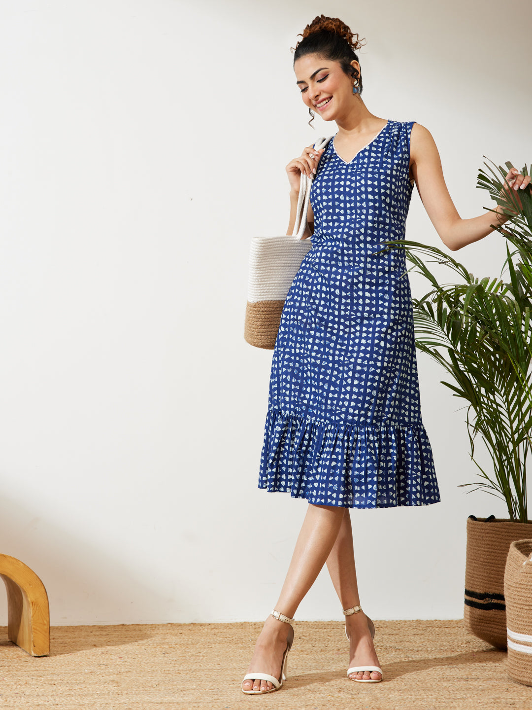 Janasya Women's Navy Blue Pure Cotton Geometric Printed Fit & Flare Dress