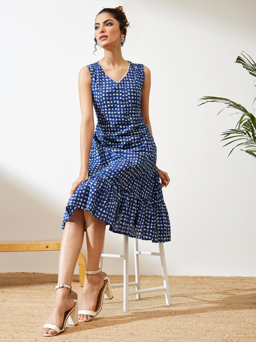 Janasya Women's Navy Blue Pure Cotton Geometric Printed Fit & Flare Dress