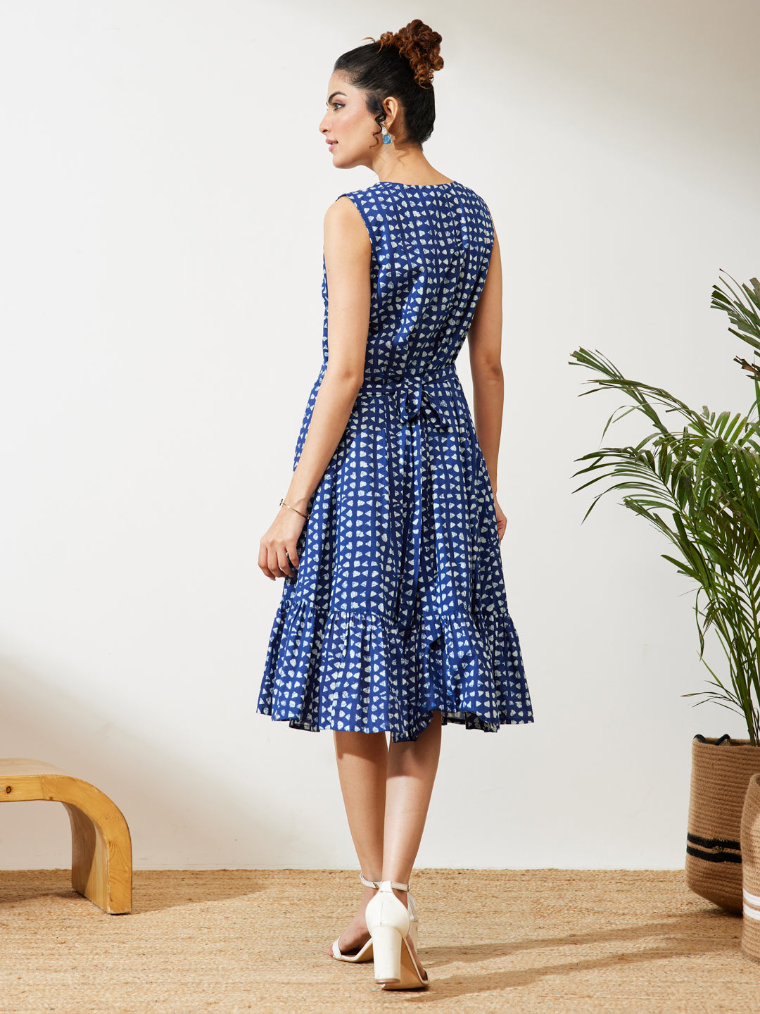 Janasya Women's Navy Blue Pure Cotton Geometric Printed Fit & Flare Dress