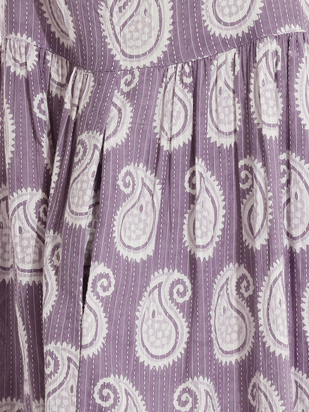 Janasya Women's Purple Pure Cotton Paisley Printed Gathered Dress