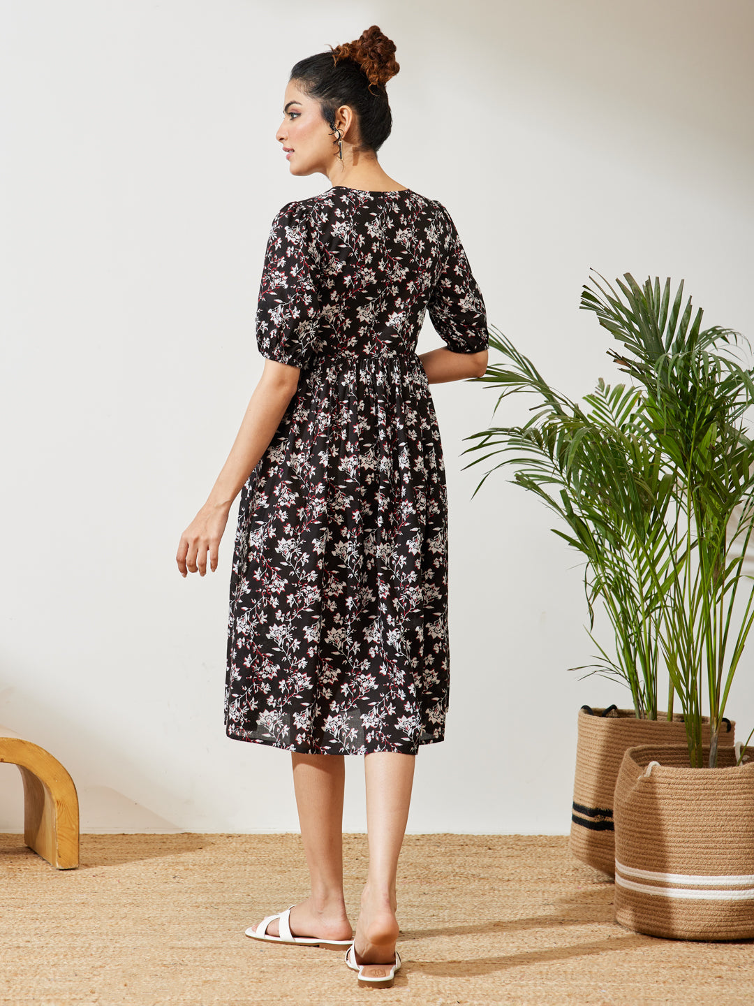 Janasya Women's Black Pure Cotton Floral Printed Gathered Dress