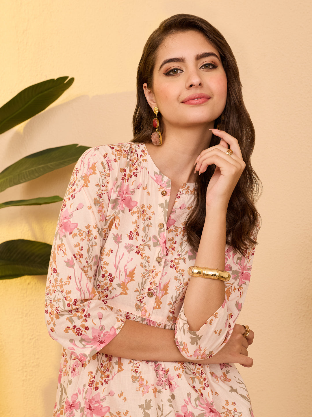 Janasya Women's Baby Pink Pure Cotton Floral Printed Tiered Dress