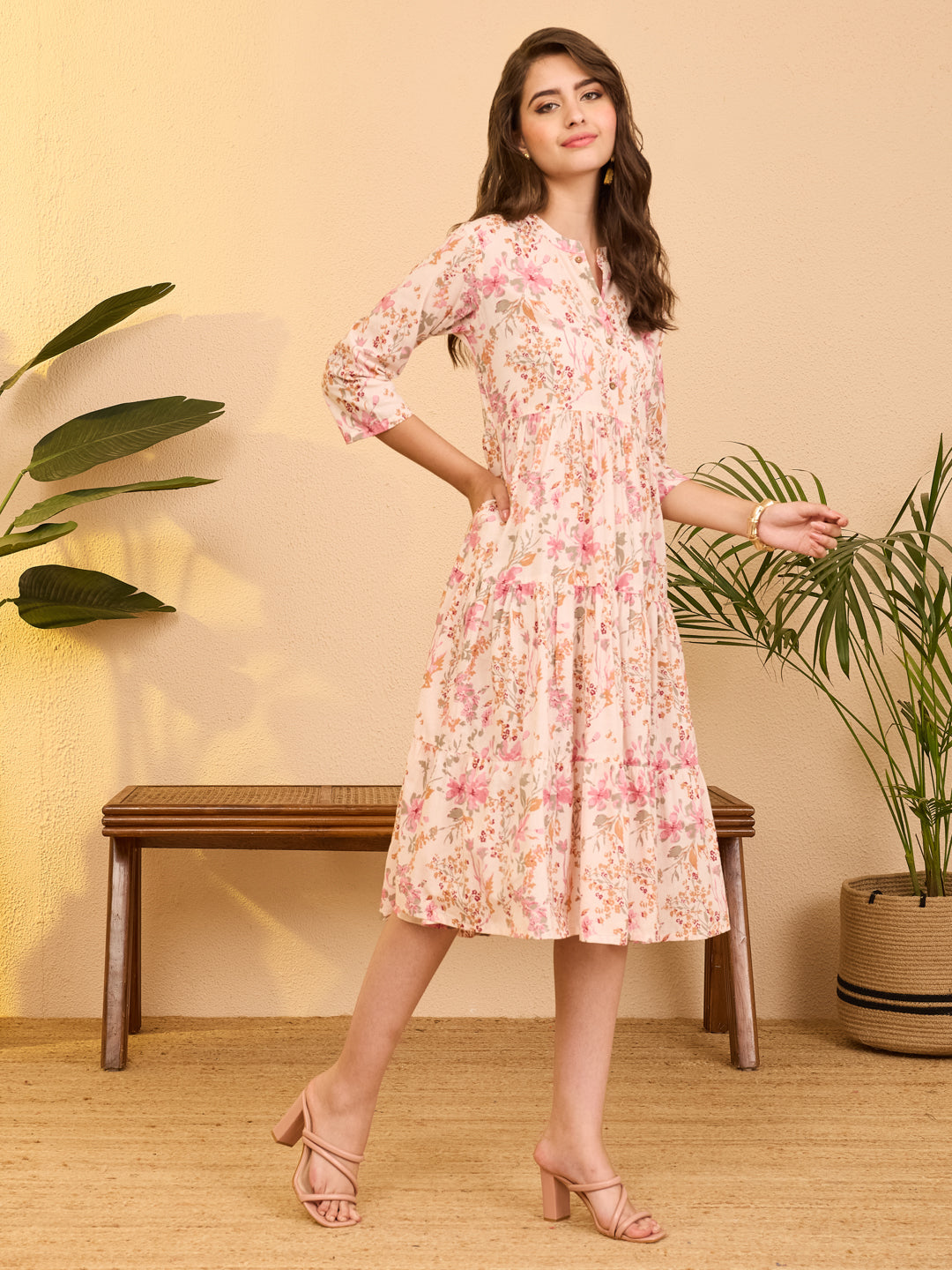 Janasya Women's Baby Pink Pure Cotton Floral Printed Tiered Dress