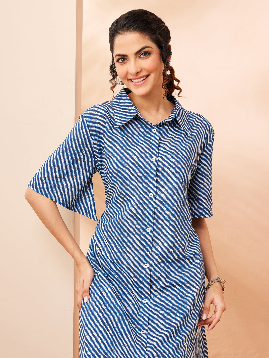 Janasya Women's Blue Pure Cotton Leheriya Printed A-line Dress