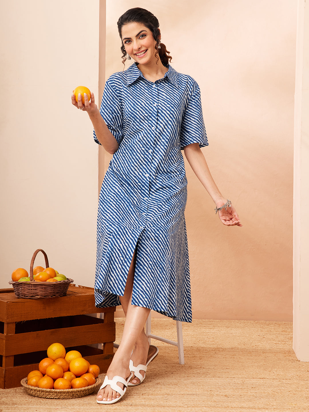 Janasya Women's Blue Pure Cotton Leheriya Printed A-line Dress