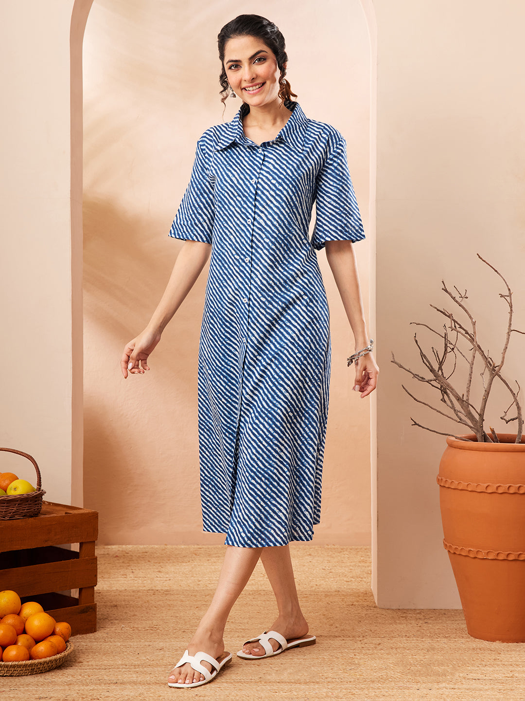 Janasya Women's Blue Pure Cotton Leheriya Printed A-line Dress
