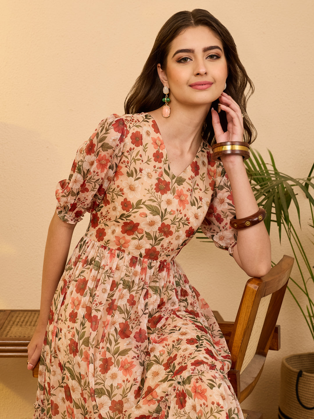 Janasya Women's Beige Chiffon Floral Printed Gathered Dress