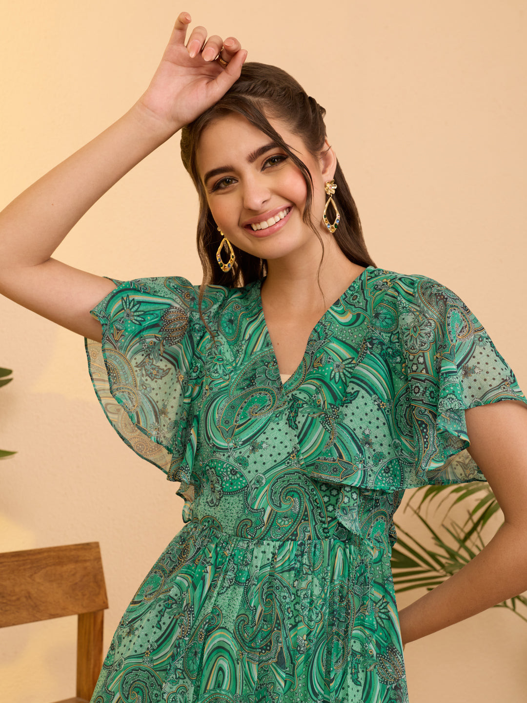 Janasya Women's Aqua Green Georgette Paisley Printed Flared Dress