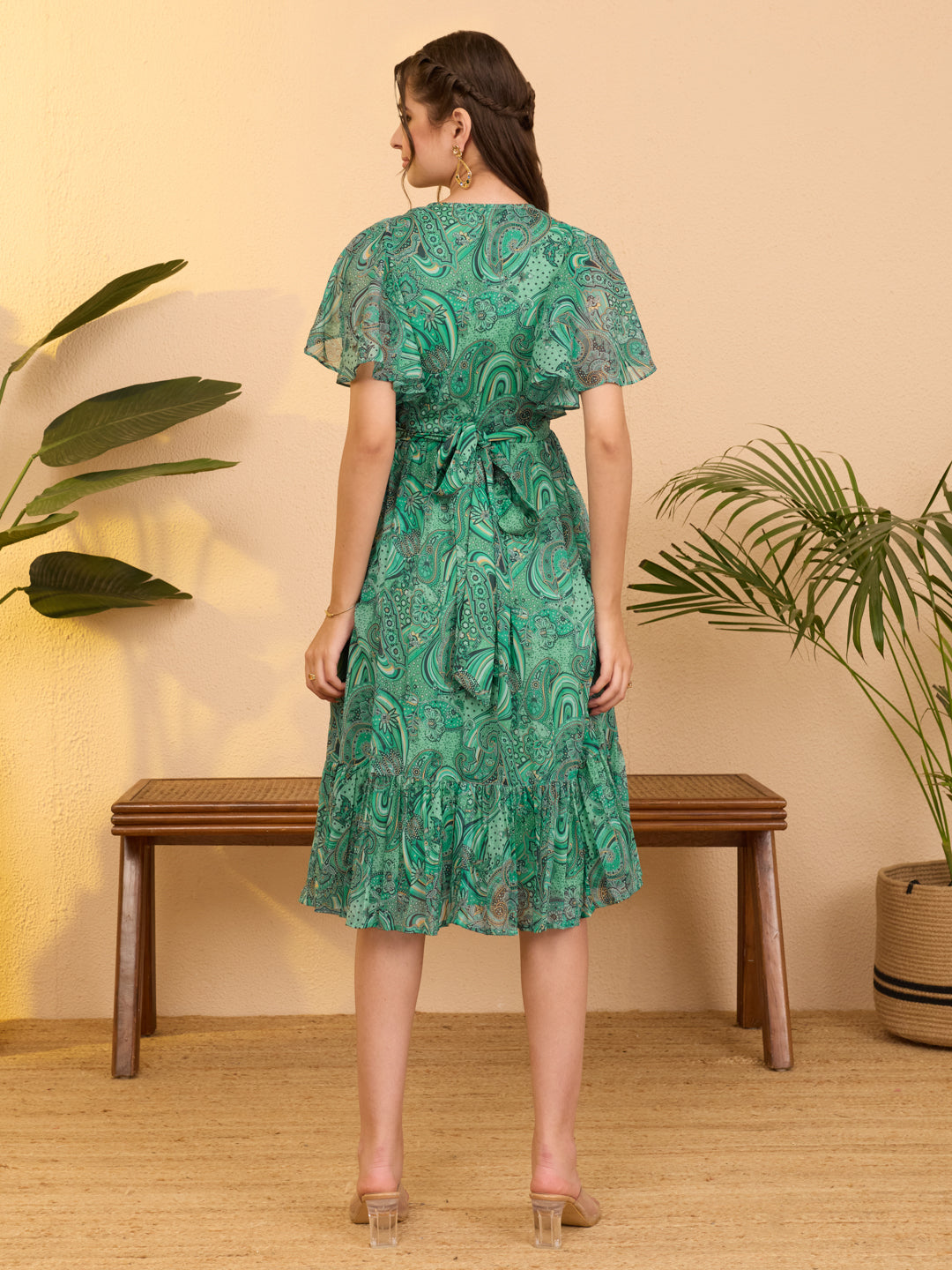 Janasya Women's Aqua Green Georgette Paisley Printed Flared Dress