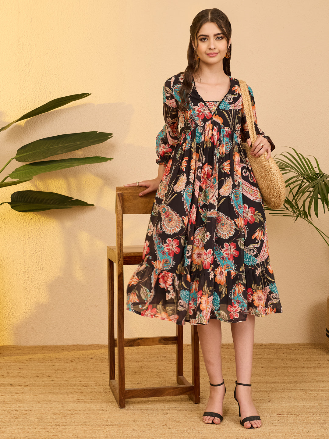 Janasya Women's Black Georgette Paisley Printed A-Line Dress