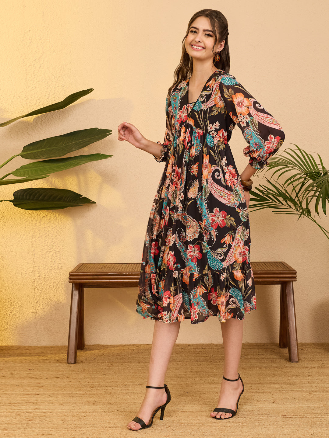 Janasya Women's Black Georgette Paisley Printed A-Line Dress