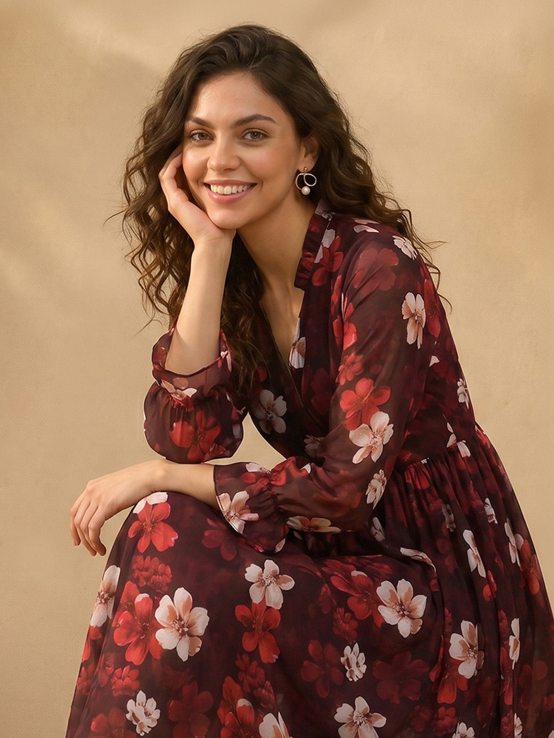 Janasya Women's Brown Georgette Floral Printed Wrap Dress