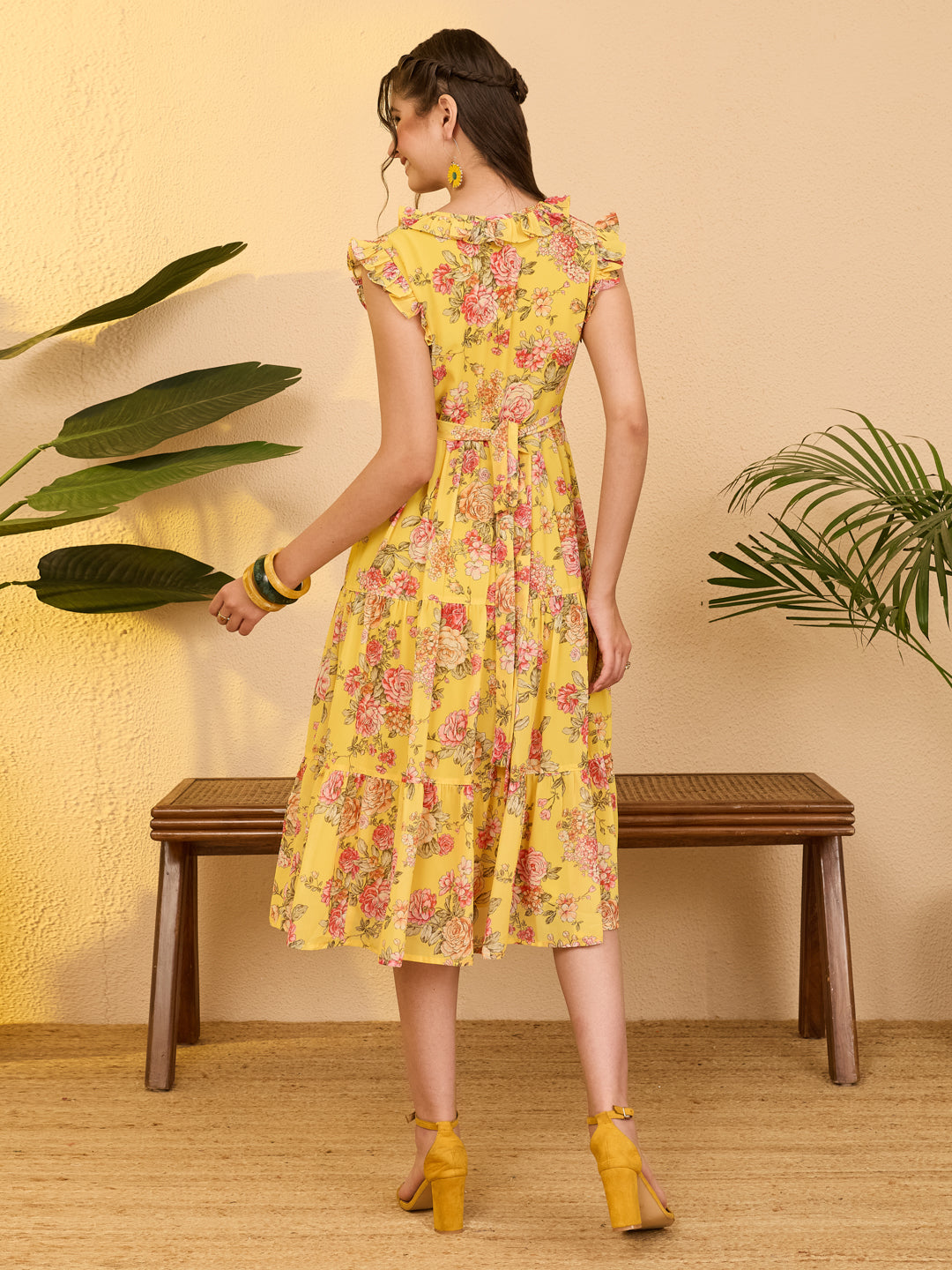 Janasya Women's Yellow Georgette Floral Printed Tiered Dress