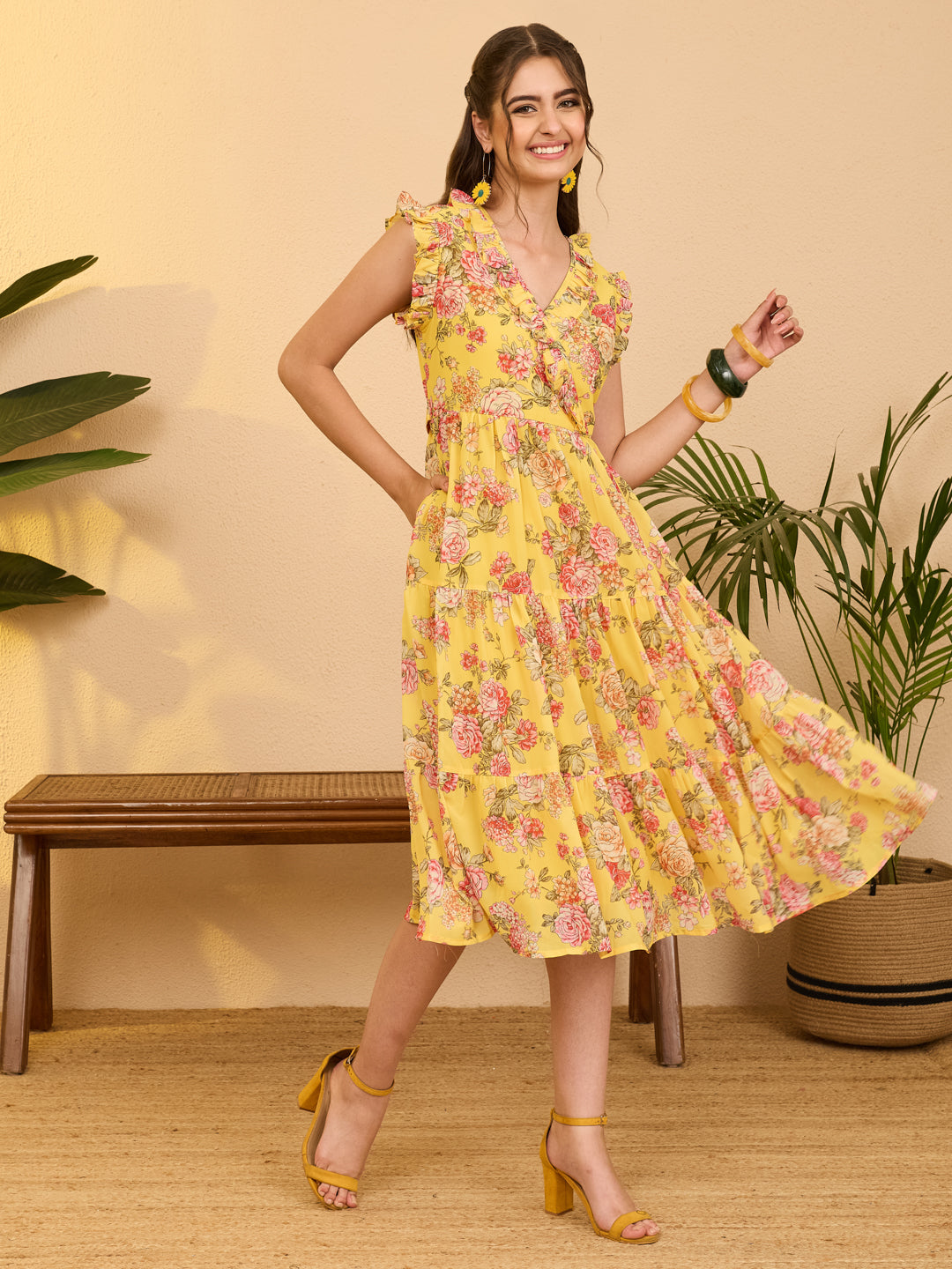 Janasya Women's Yellow Georgette Floral Printed Tiered Dress