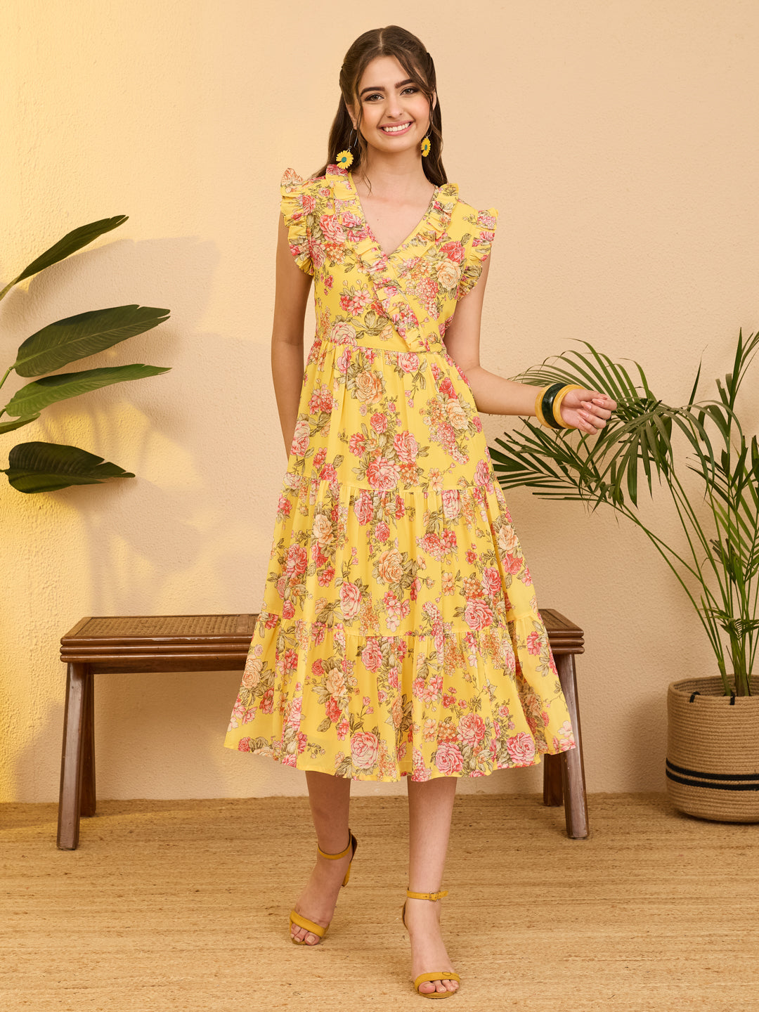 Janasya Women's Yellow Georgette Floral Printed Tiered Dress