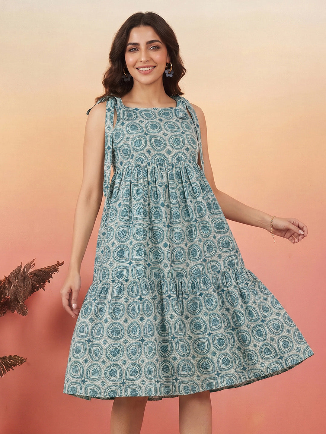 Janasya Women's Teal Blue Pure Cotton Geometric Printed Gathered Dress