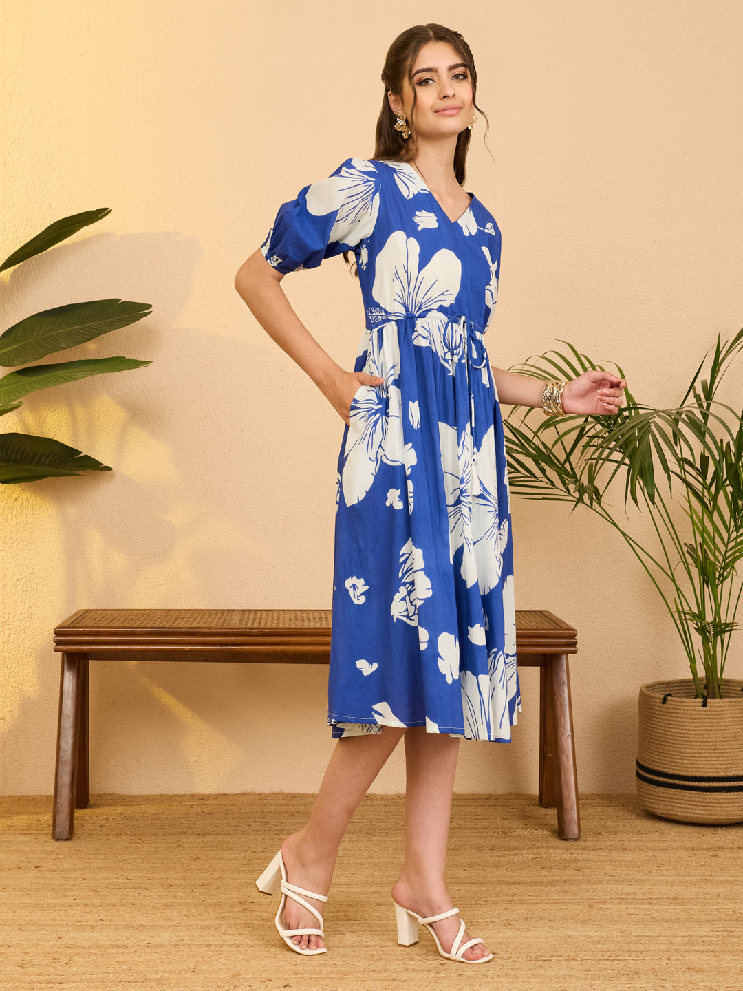 Janasya Women's Royal Blue Pure Cotton Floral Printed Fit & Flare Dress