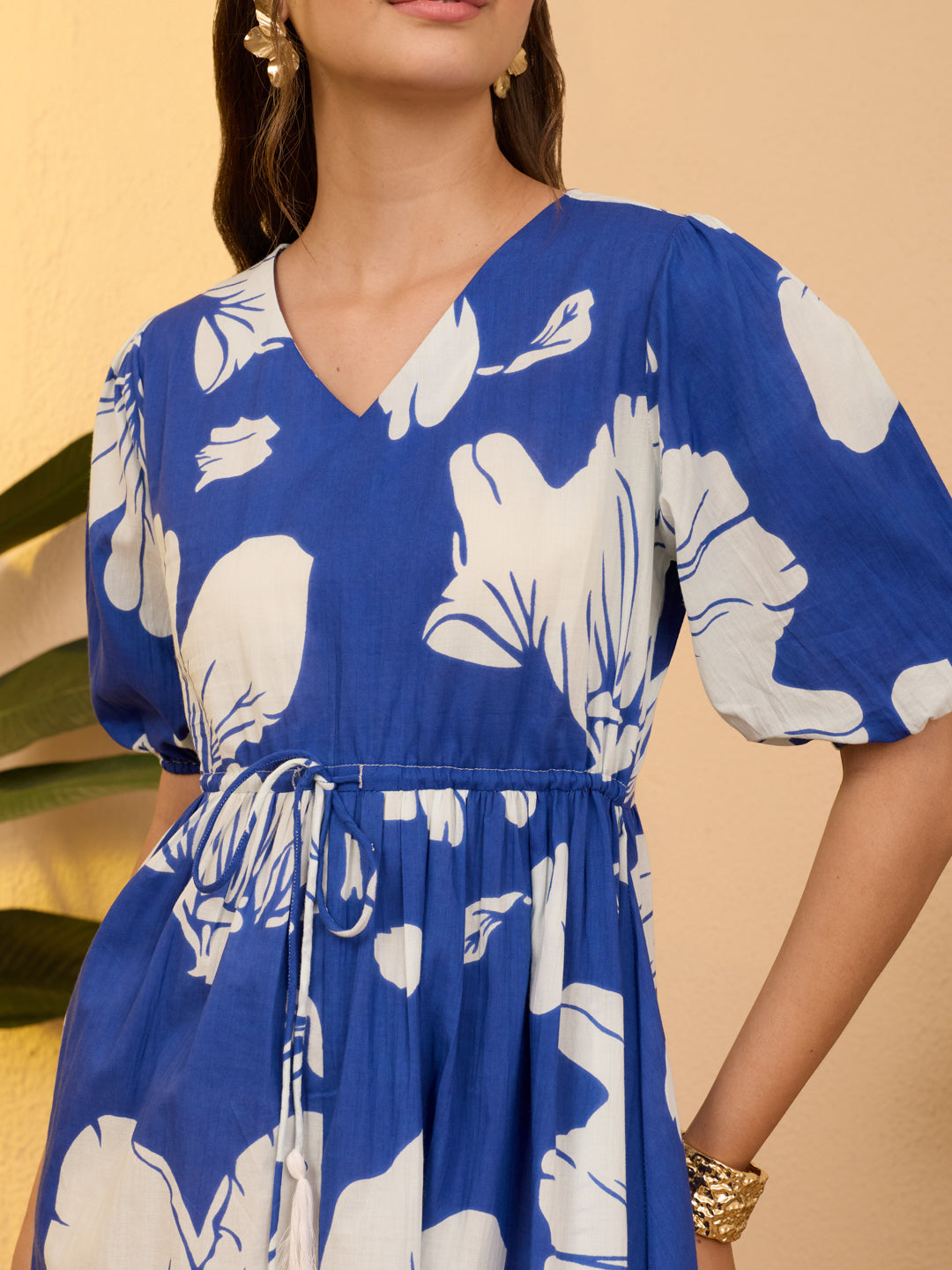 Janasya Women's Royal Blue Pure Cotton Floral Printed Fit & Flare Dress