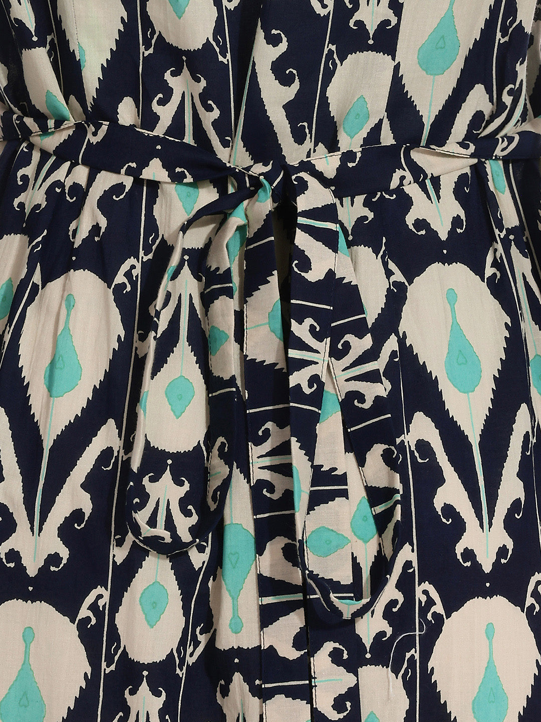 Janasya Women's Navy Blue Pure Cotton Ikkat Printed A-Line Dress