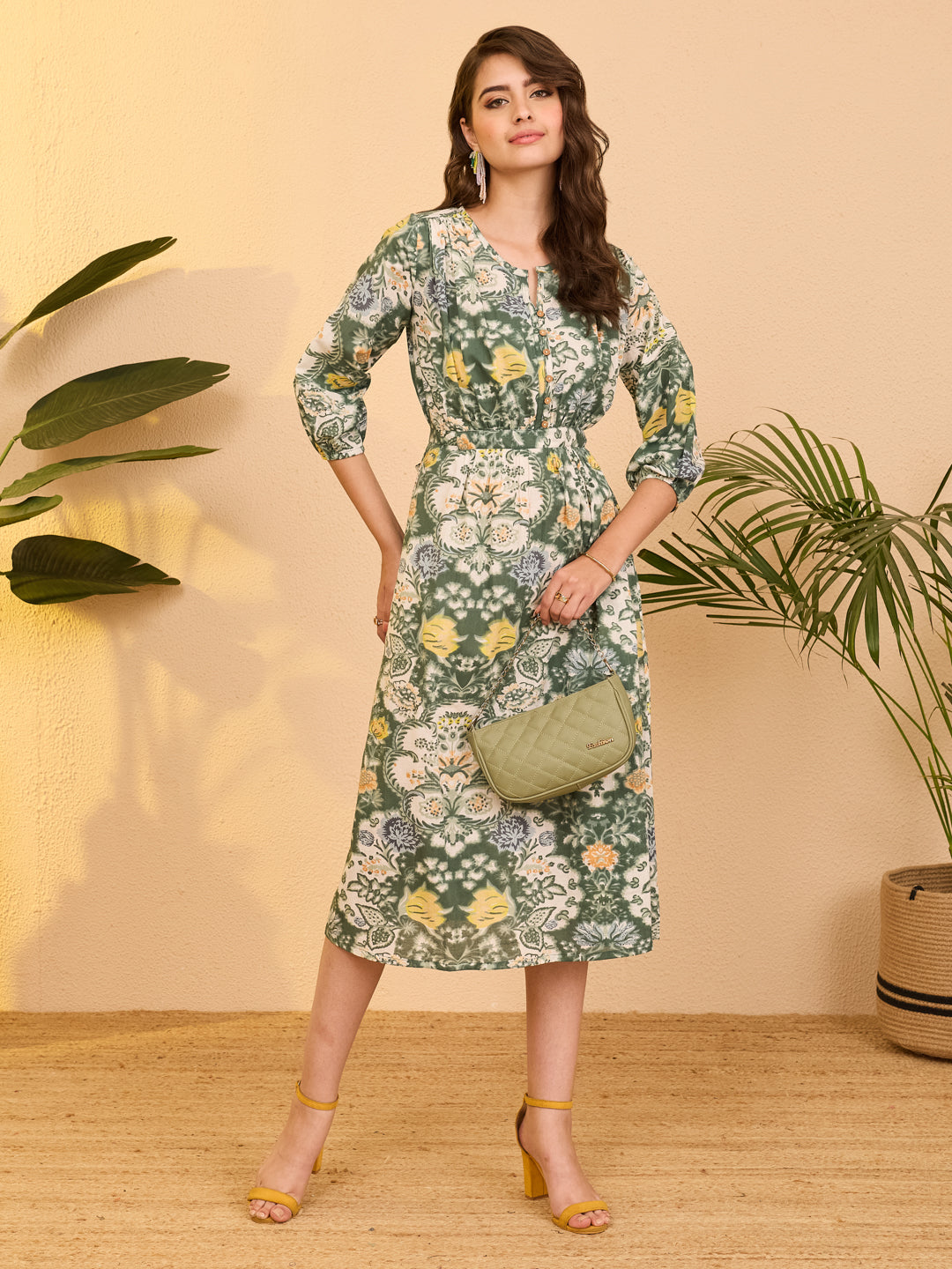 Janasya Women's Sage Green Pure Cotton Floral Printed Fit & Flare Dress