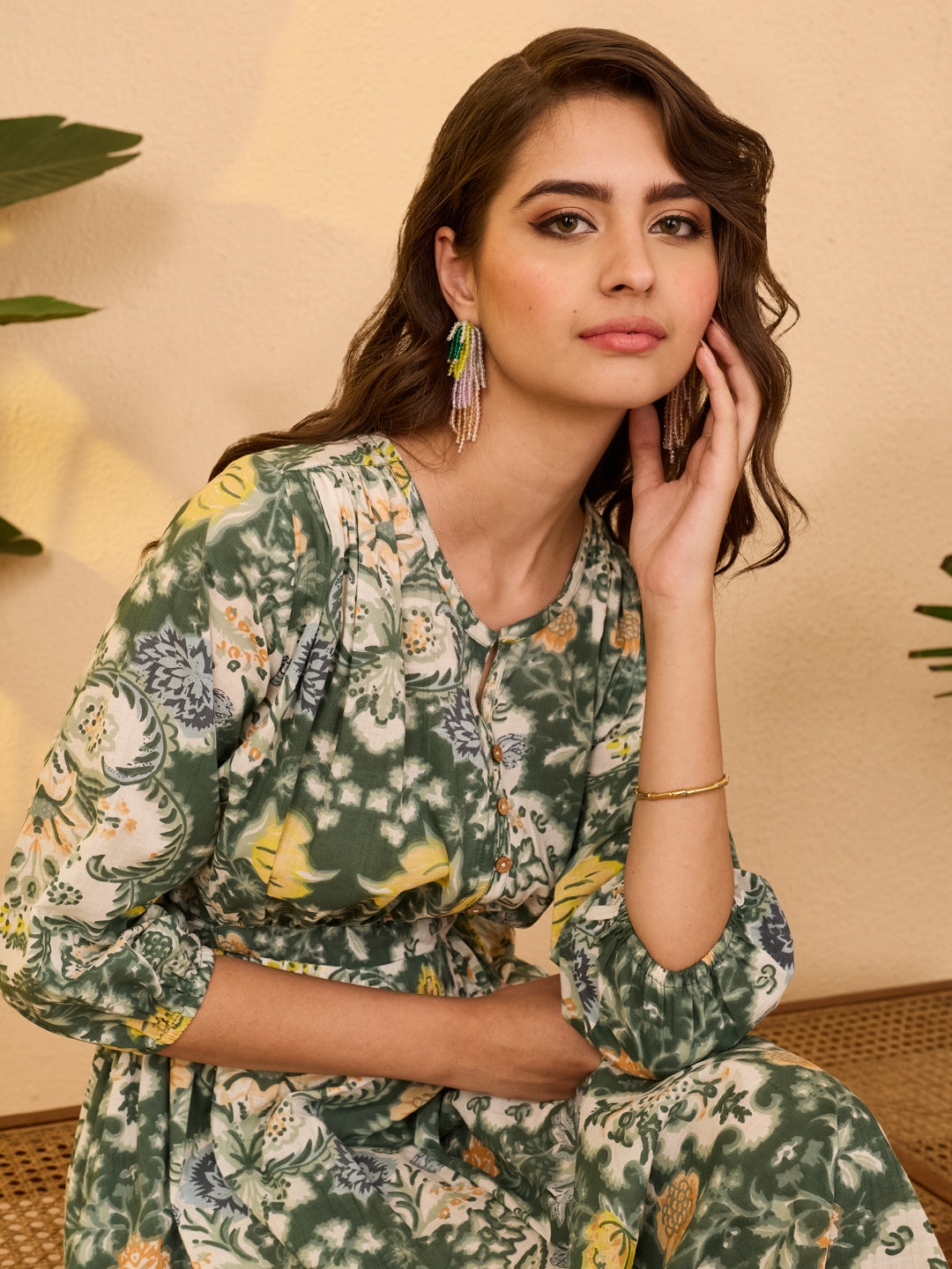 Janasya Women's Sage Green Pure Cotton Floral Printed Fit & Flare Dress