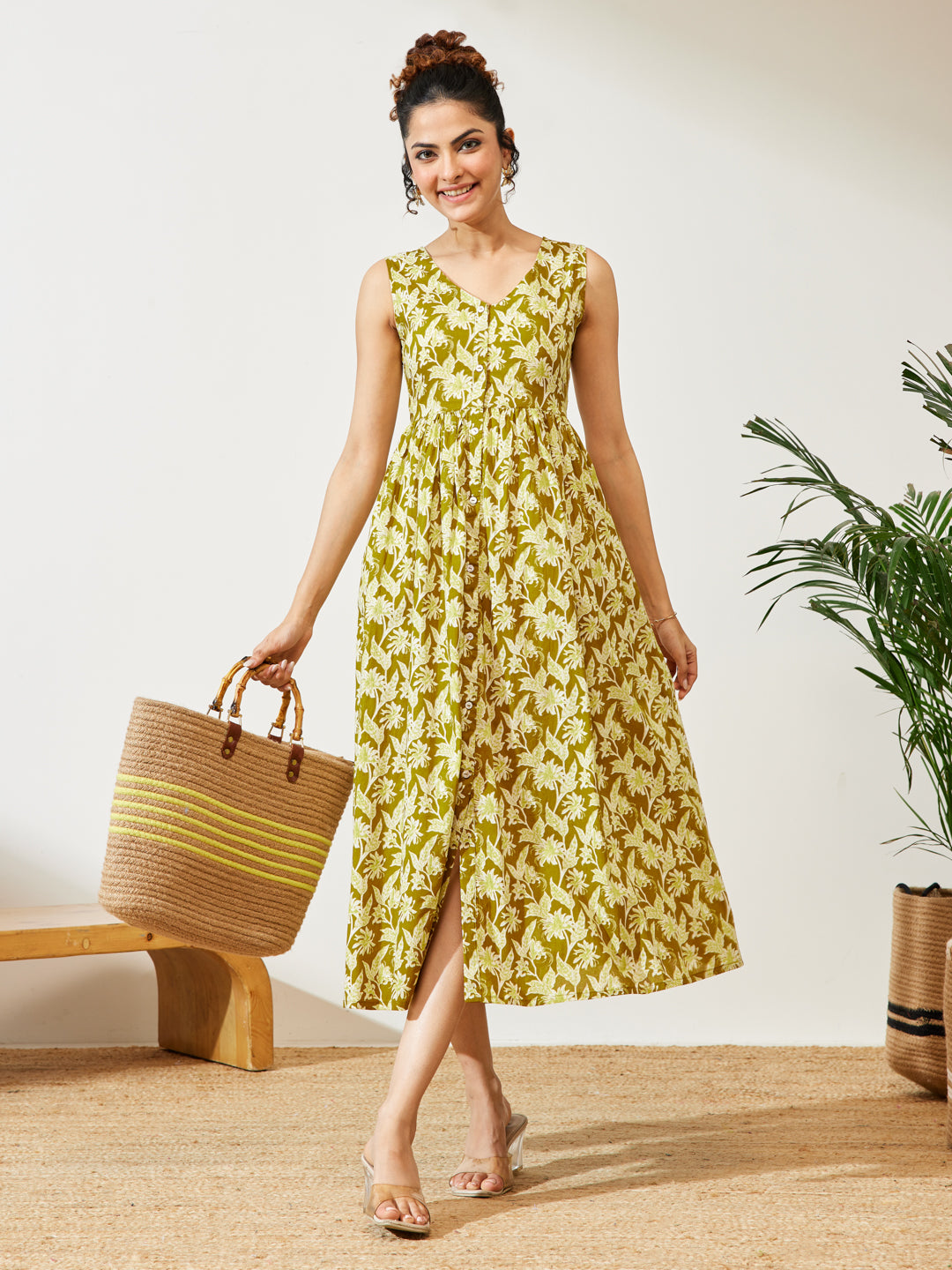 Janasya Women's Olive Green Pure Cotton Floral Printed A-line Dress