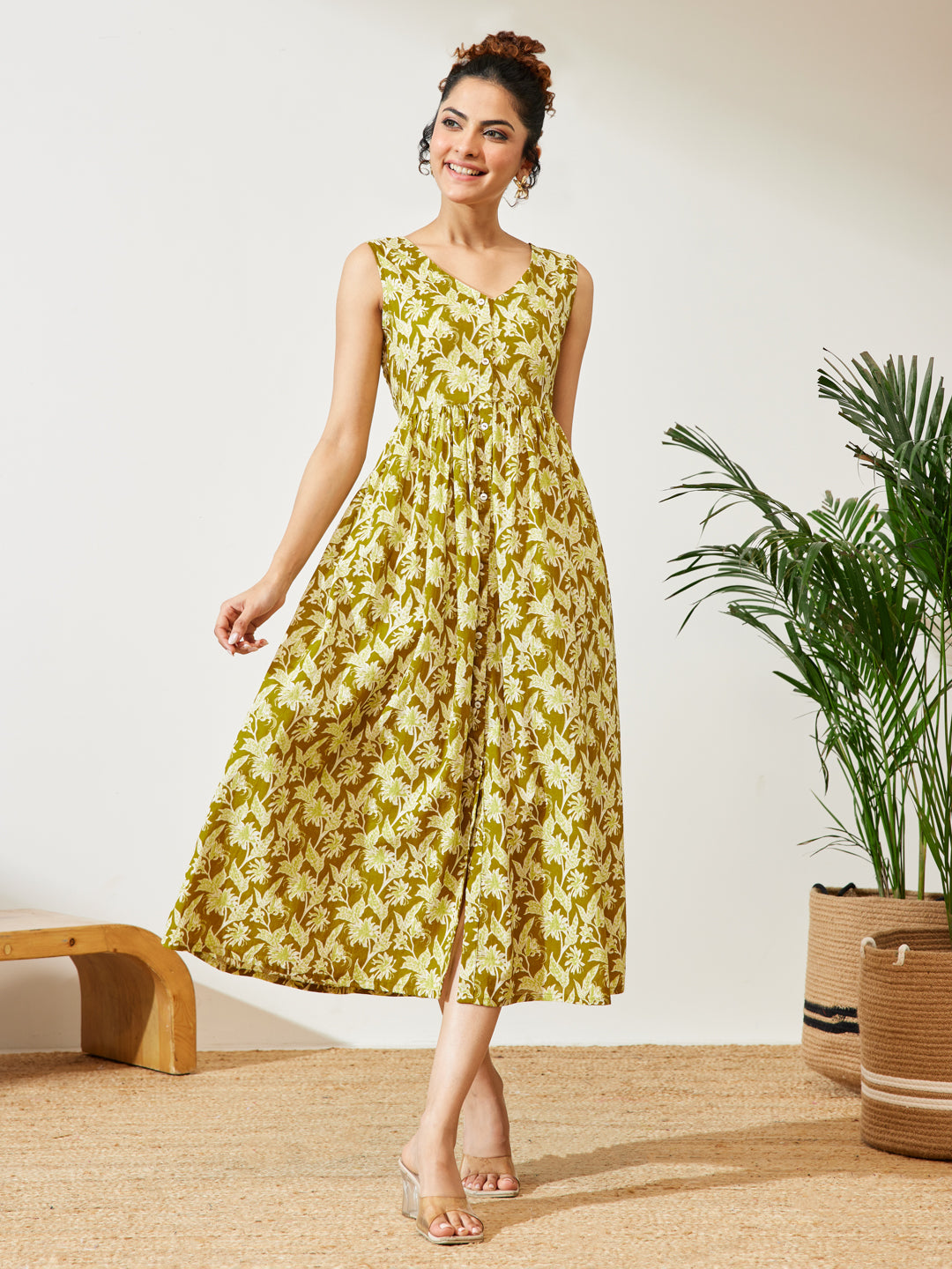 Janasya Women's Olive Green Pure Cotton Floral Printed A-line Dress