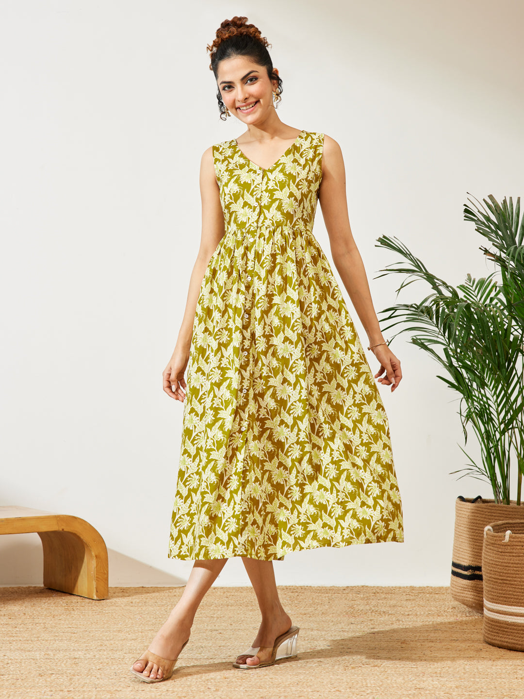 Janasya Women's Olive Green Pure Cotton Floral Printed A-line Dress