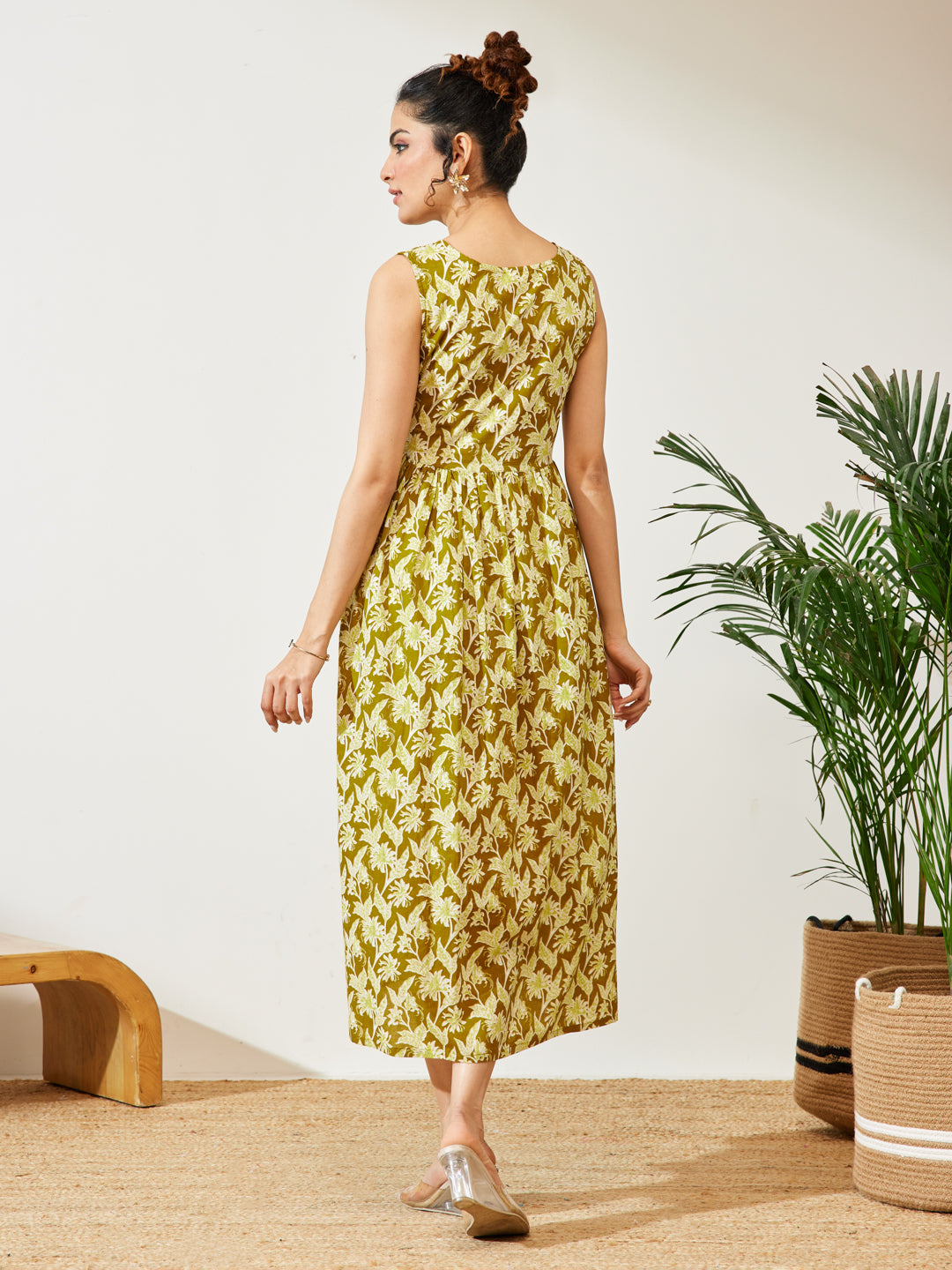 Janasya Women's Olive Green Pure Cotton Floral Printed A-line Dress