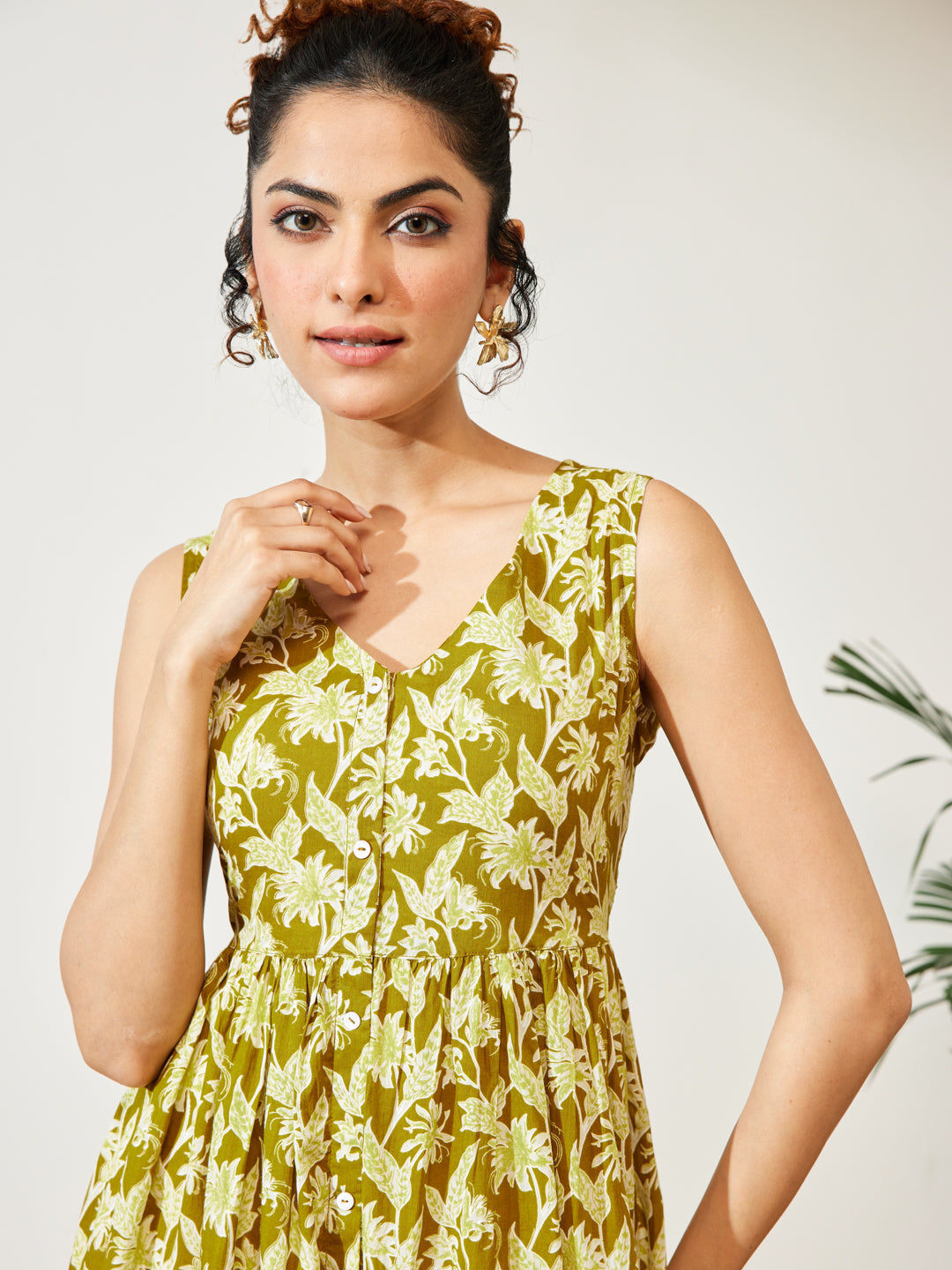 Janasya Women's Olive Green Pure Cotton Floral Printed A-line Dress
