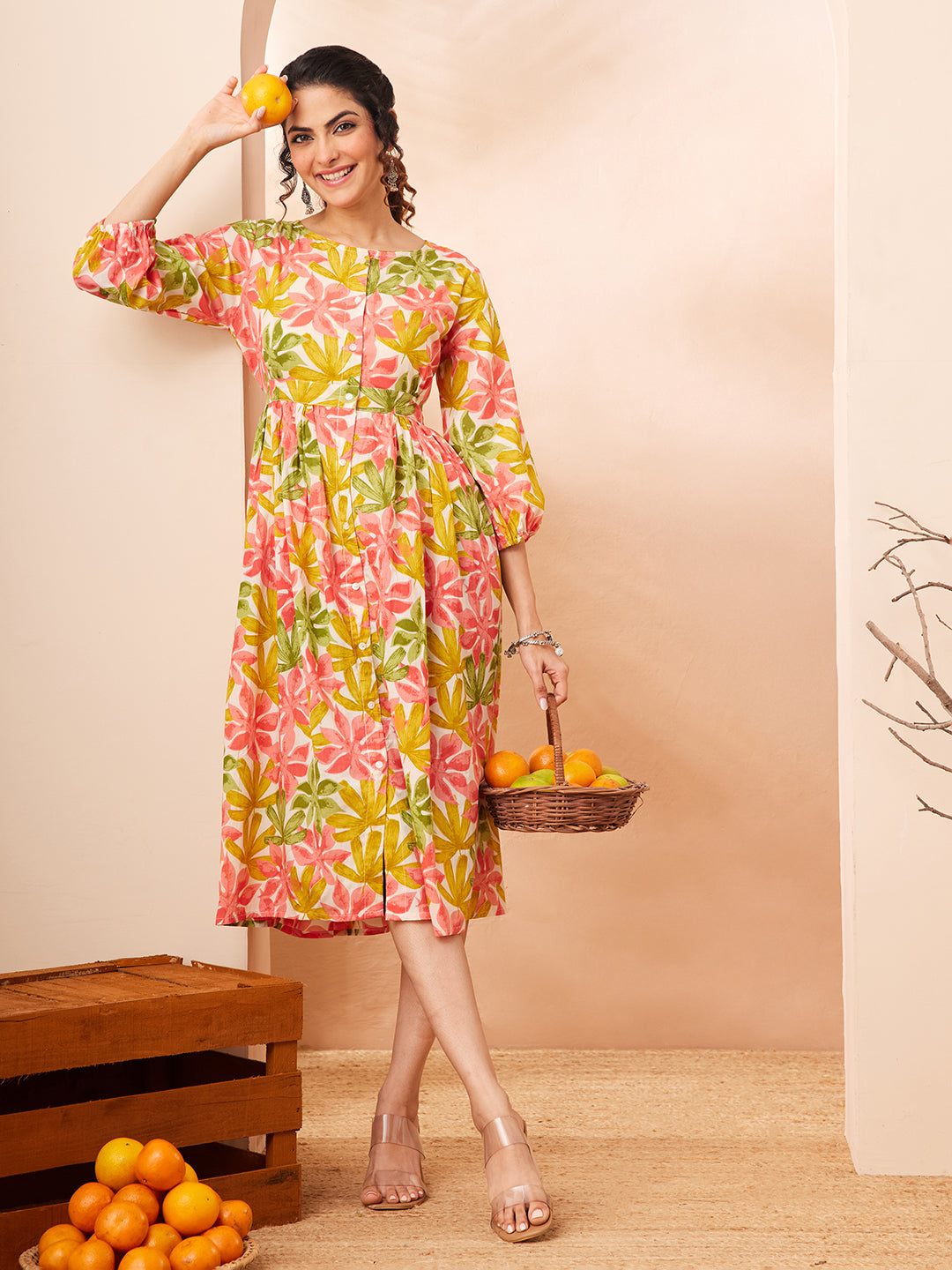 Janasya Women's Multi Color Pure Cotton Floral Printed Gathered Dress