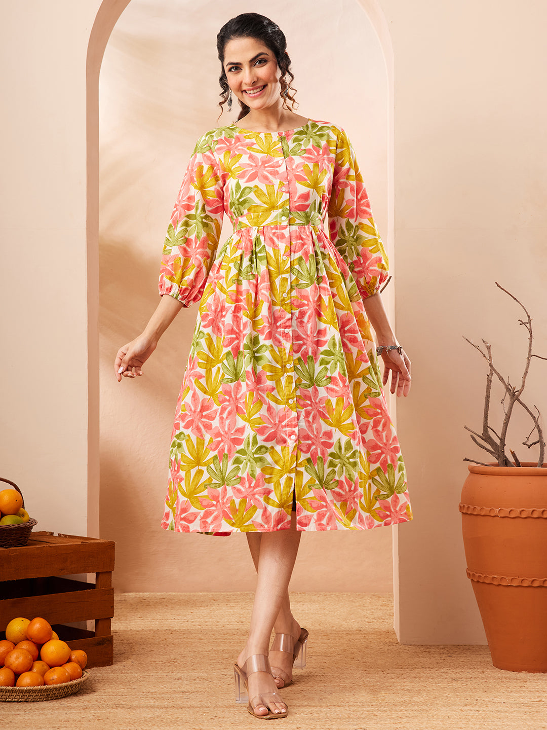 Janasya Women's Multi Color Pure Cotton Floral Printed Gathered Dress