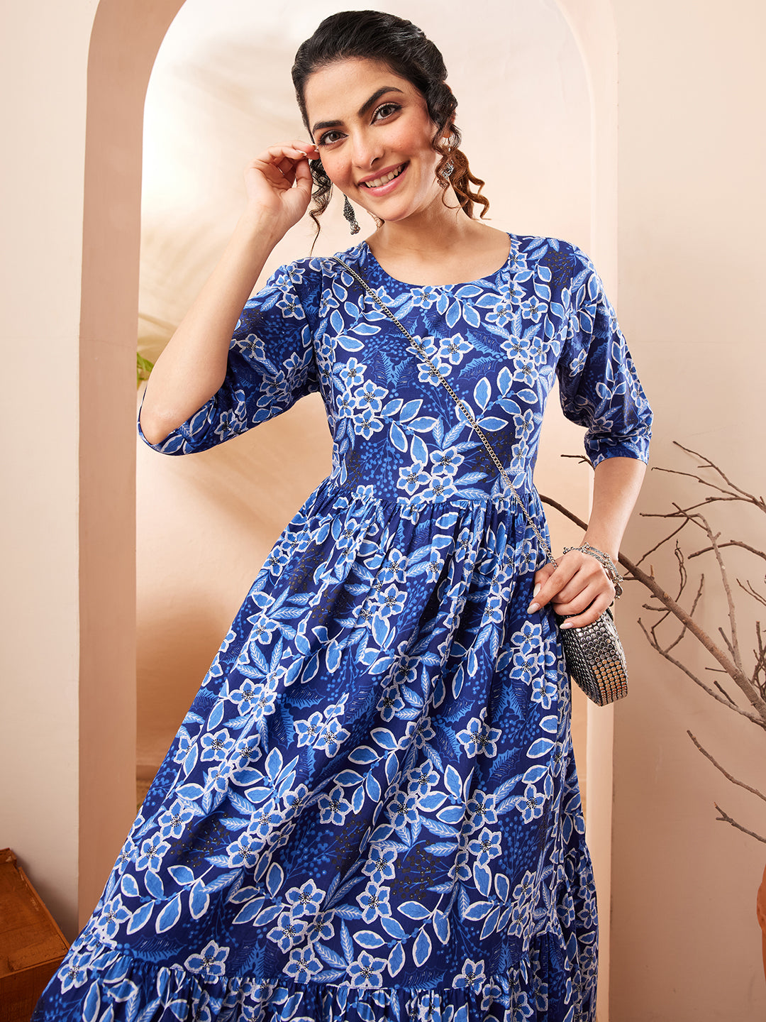 Janasya Women's Blue Pure Cotton Floral Printed Fit & Flare Dress