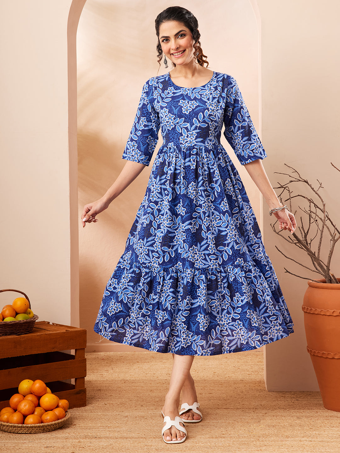 Janasya Women's Blue Pure Cotton Floral Printed Fit & Flare Dress