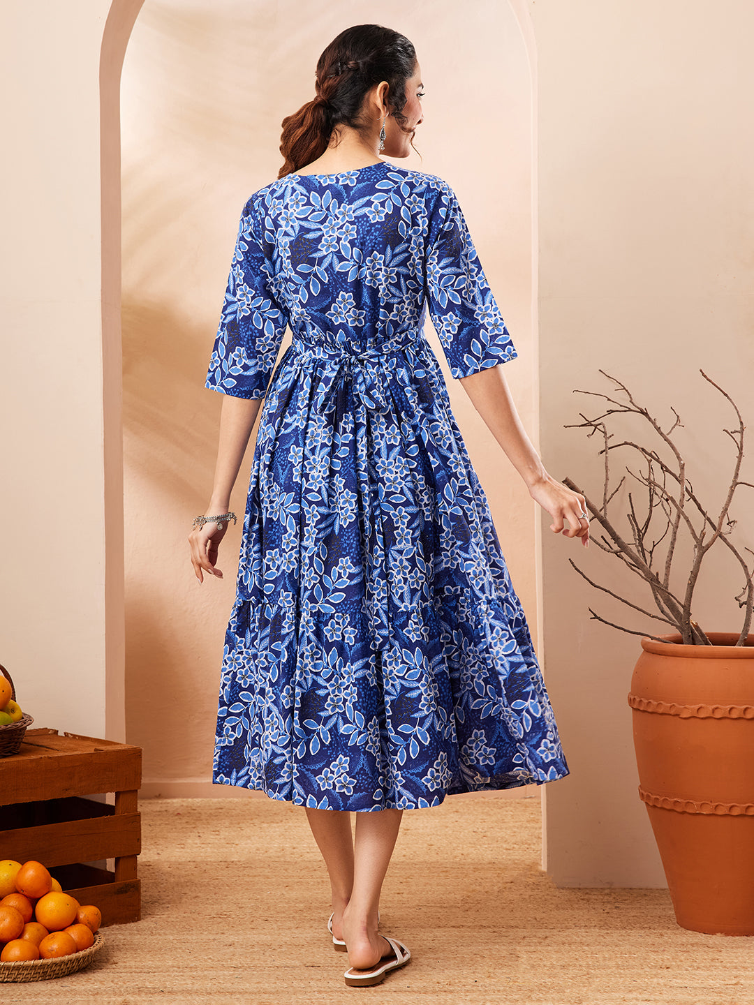 Janasya Women's Blue Pure Cotton Floral Printed Fit & Flare Dress