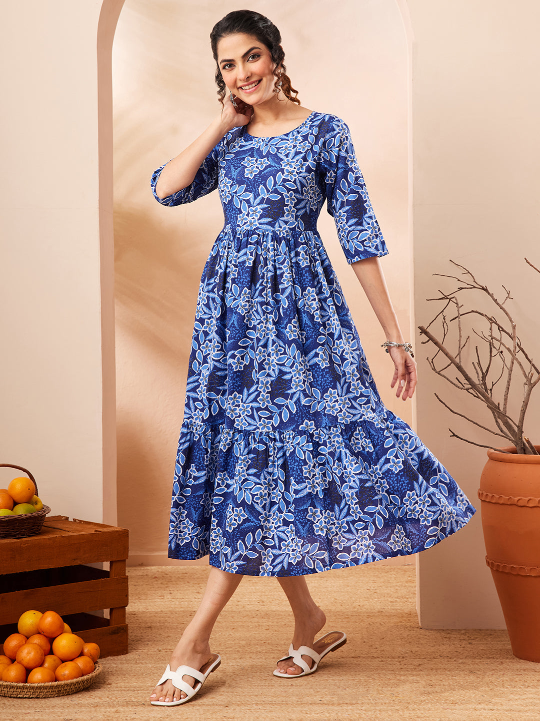 Janasya Women's Blue Pure Cotton Floral Printed Fit & Flare Dress