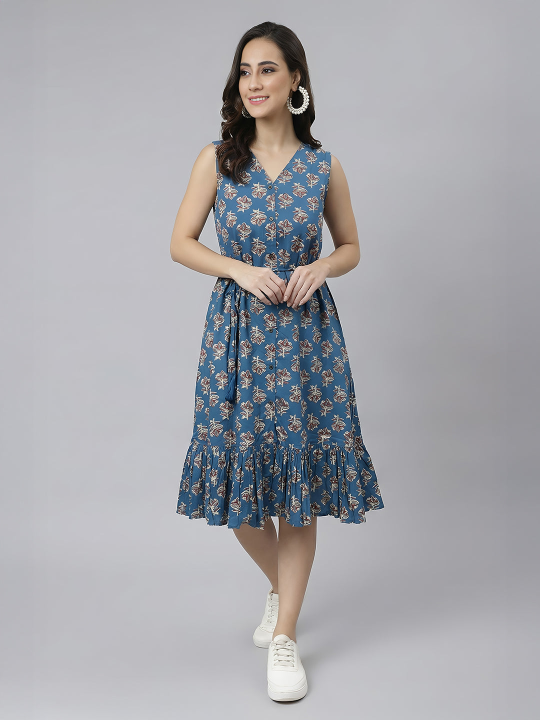 Janasya Women's Navy Blue Pure Cotton Floral Printed Fit & Flare Dress